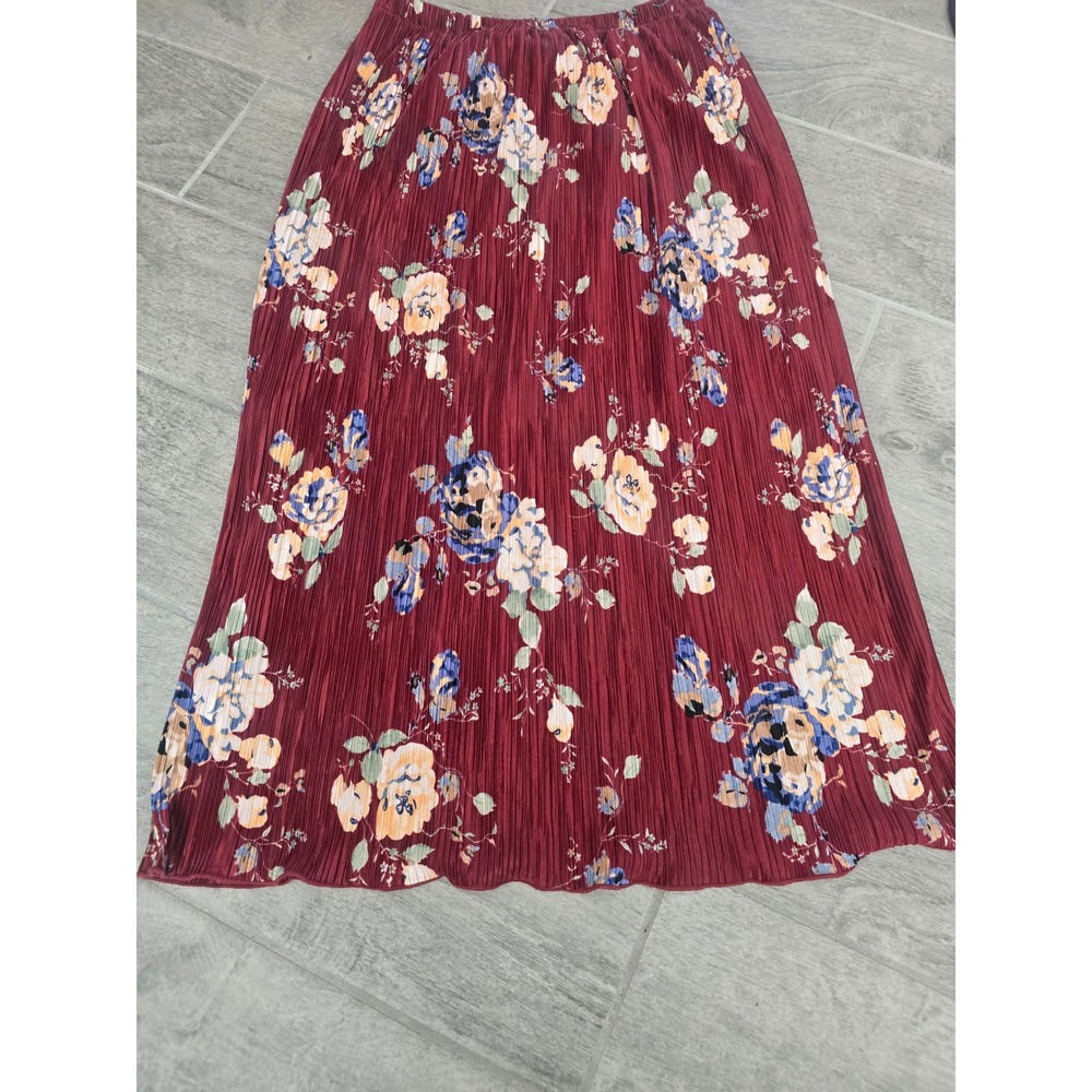 Everleigh Plisse Floral Pleated Midi Skirt Burgundy Satin Size Small